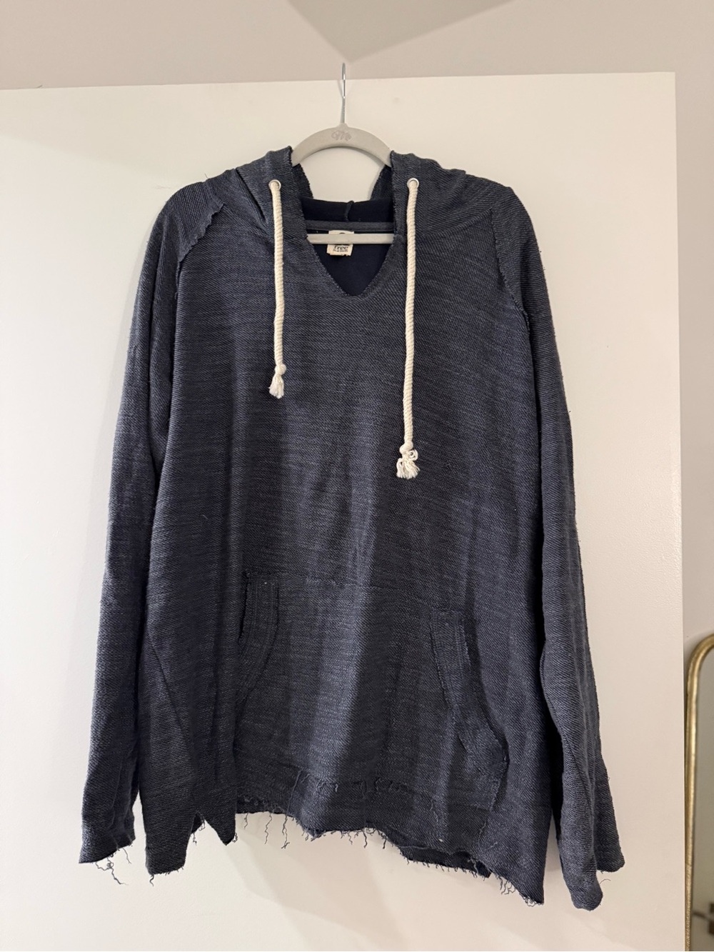 Men's V-Neck Hooded Knit Sweater in Navy with Drawcord